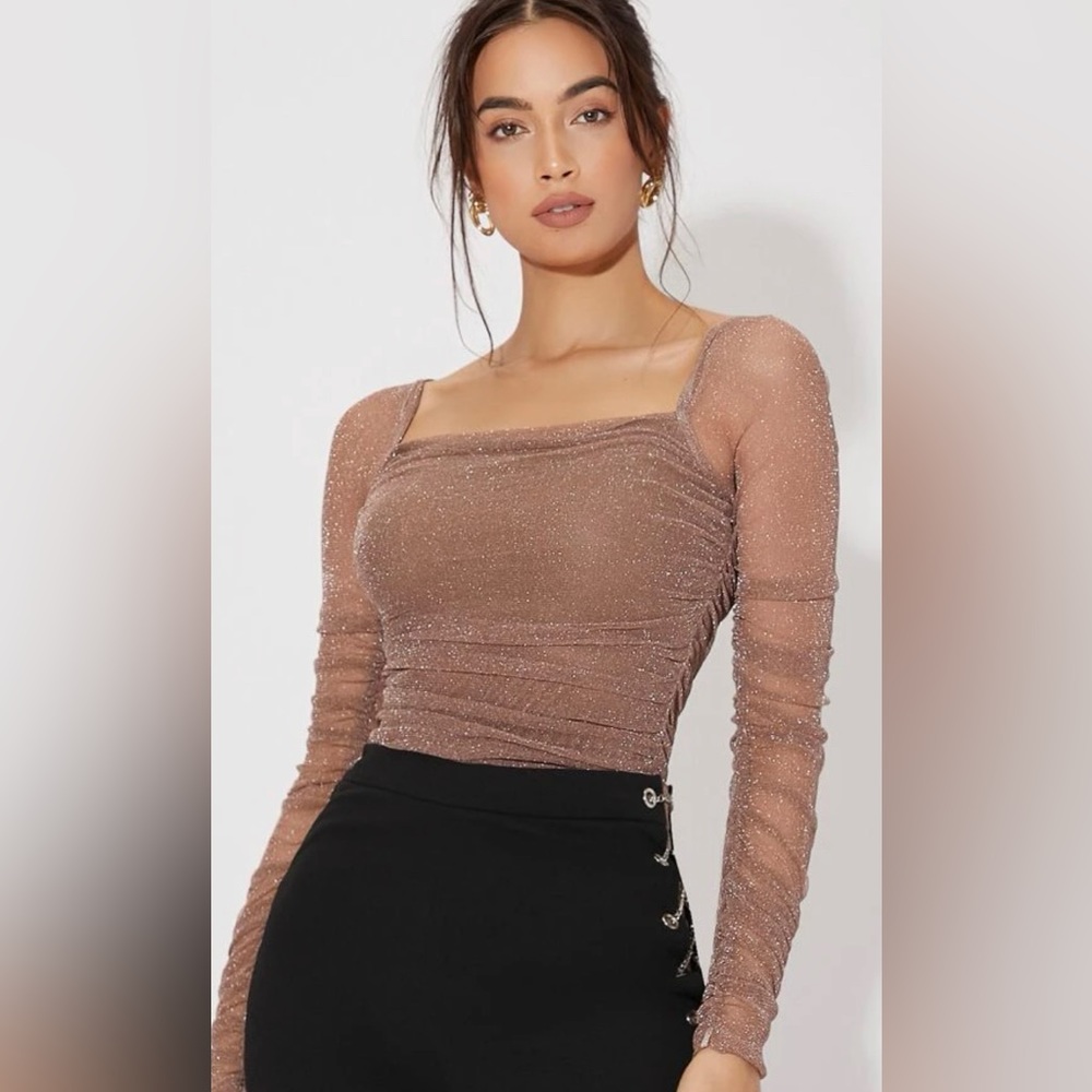 Shein tan shimmer long sleeved shirt. Gorgeous on!